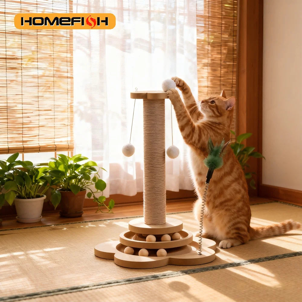 Jouet Pour Chat En Bois Massif, Plateau Tournant Amusant Avec Balles, Griffoir Durable En Sisal, Colonne D'Agitation Pour Chat, Accessoires Pour Chat