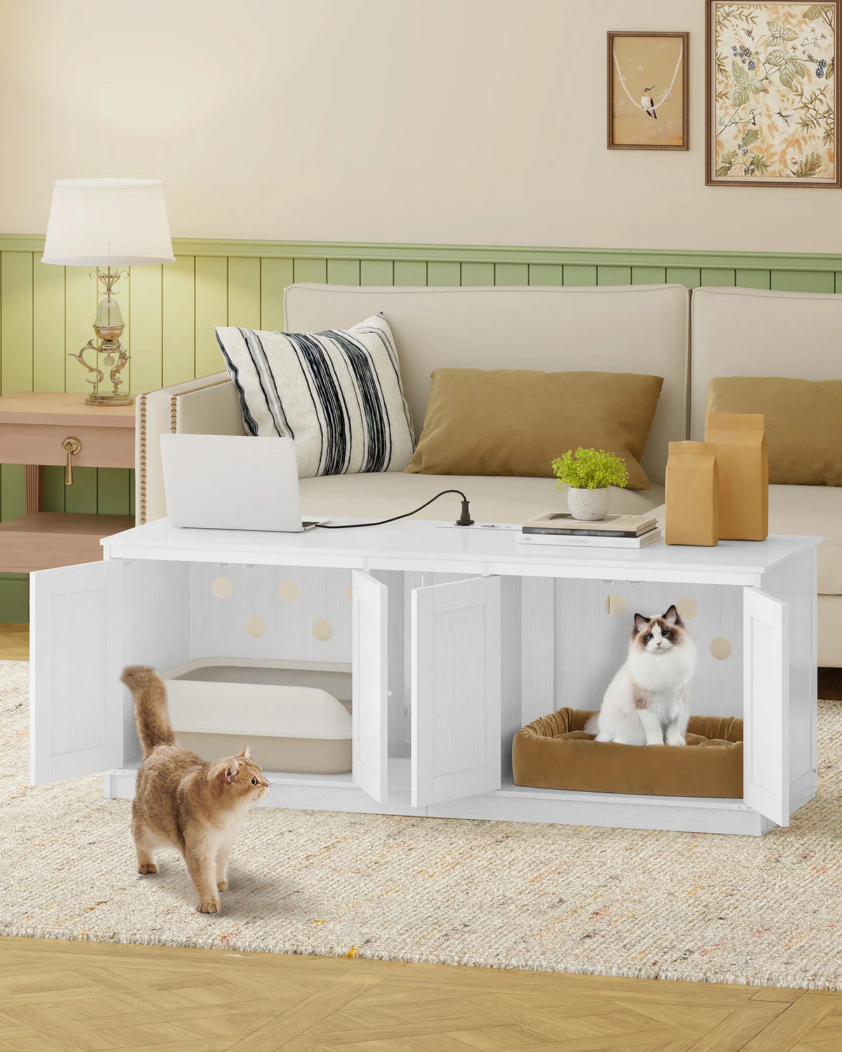Armoire Pour Chat Avec Ports USB Et Prises, Bac À Litière Caché Pour 2 Chats, Maison Pour Chat D'Intérieur Avec Cloche Pour Chat