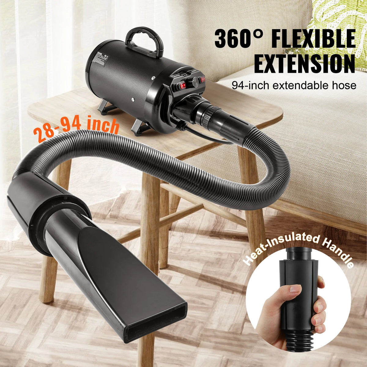 2000W/2.7HP Sèche-Cheveux Pour Chien Contrôle De La Température À Vitesse Réglable Avec 4 Buses Et Tuyau Extensible Pour Le Toilettage Des Poils D'Animaux