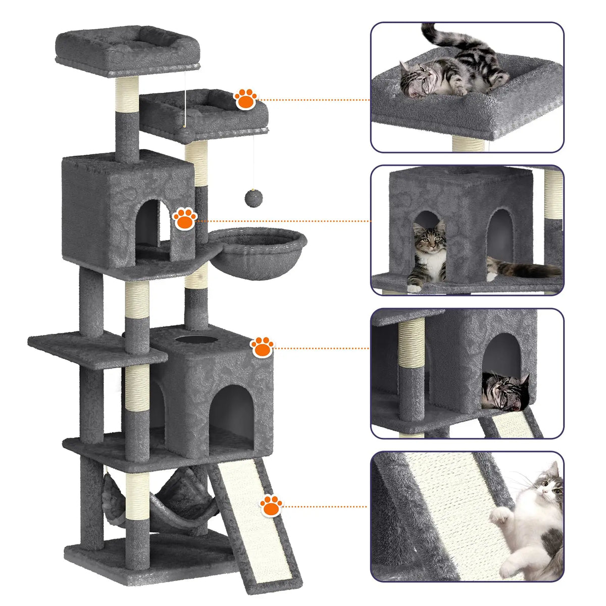 Tir À Gratter Pour Chat Tour D'Escalade De 158 Cm Avec 7 Mandrins À Gratter, 2 Maisons Et 2 Hamacs Pour Chats Domestiques