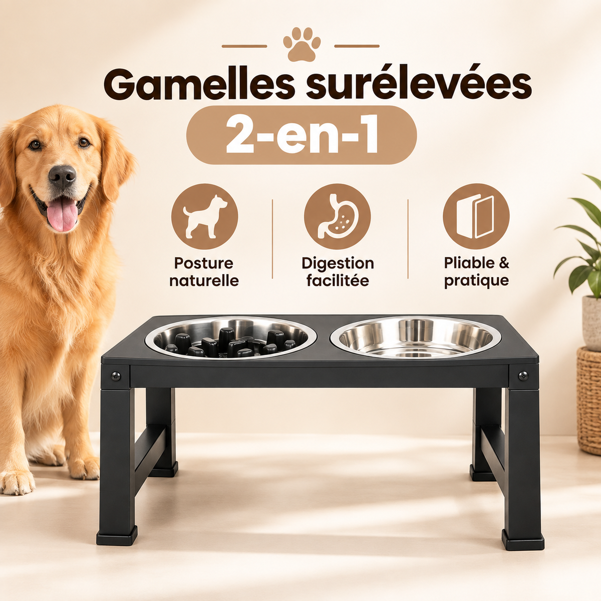 Gamelles surélevées 2-en-1 réglables pour chien