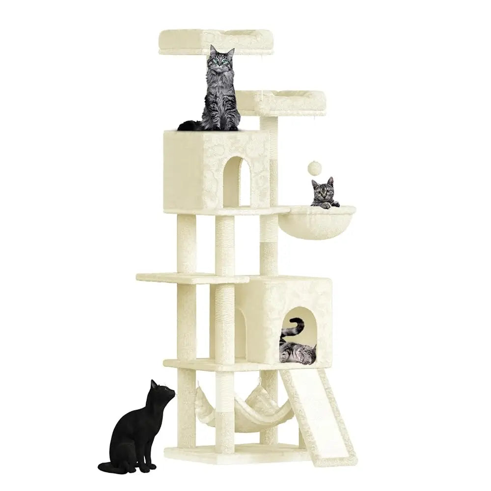 Tir À Gratter Pour Chat Tour D'Escalade De 158 Cm Avec 7 Mandrins À Gratter, 2 Maisons Et 2 Hamacs Pour Chats Domestiques