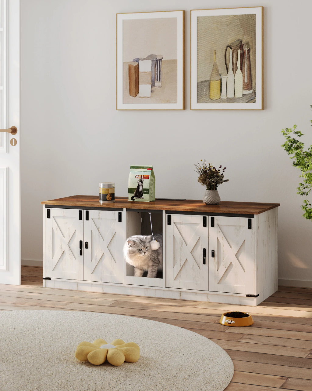 Armoire Pour Chat Avec Ports USB Et Prises, Bac À Litière Caché Pour 2 Chats, Maison Pour Chat D'Intérieur Avec Cloche Pour Chat