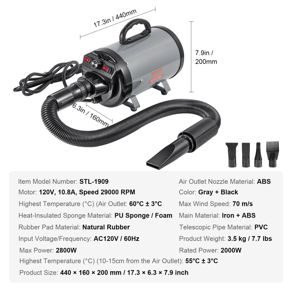 2000W/2.7HP Sèche-Cheveux Pour Chien Contrôle De La Température À Vitesse Réglable Avec 4 Buses Et Tuyau Extensible Pour Le Toilettage Des Poils D'Animaux