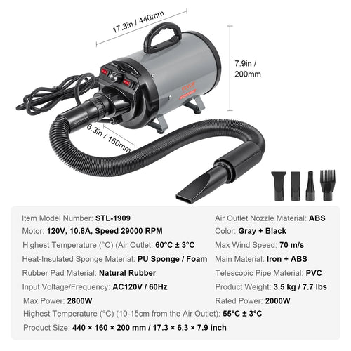 2000W/2.7HP Sèche-Cheveux Pour Chien Contrôle De La Température À Vitesse Réglable Avec 4 Buses Et Tuyau Extensible Pour Le Toilettage Des Poils D'Animaux