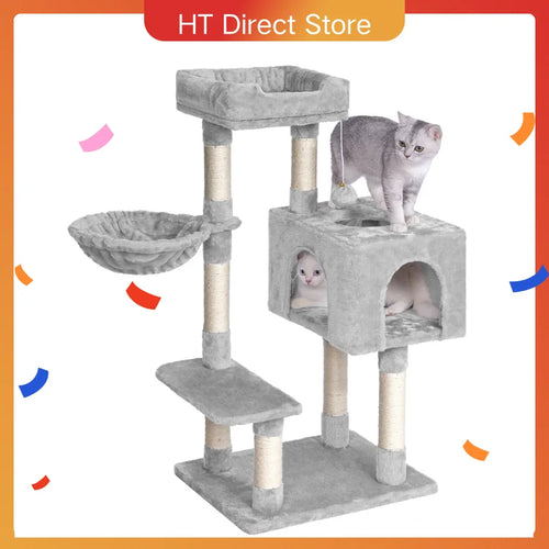 Arbre À Chat  Tir À Gratter 100 Cm Avec 7 Colonnes Maison Pour Chat Et Hamac Stable Avec Protection Contre L'Inclinaison