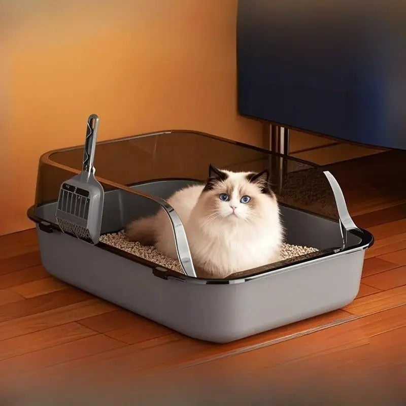 Bac à litière semi-fermé à rebords hauts pour chat