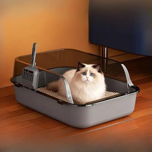 Bac à litière semi-fermé à rebords hauts pour chat