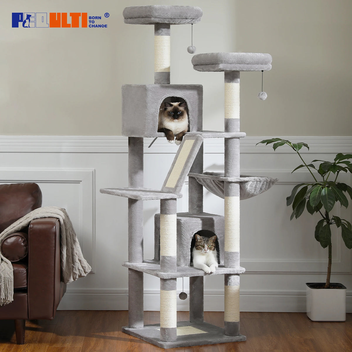 Grand arbre à chat multi-niveaux avec griffoirs