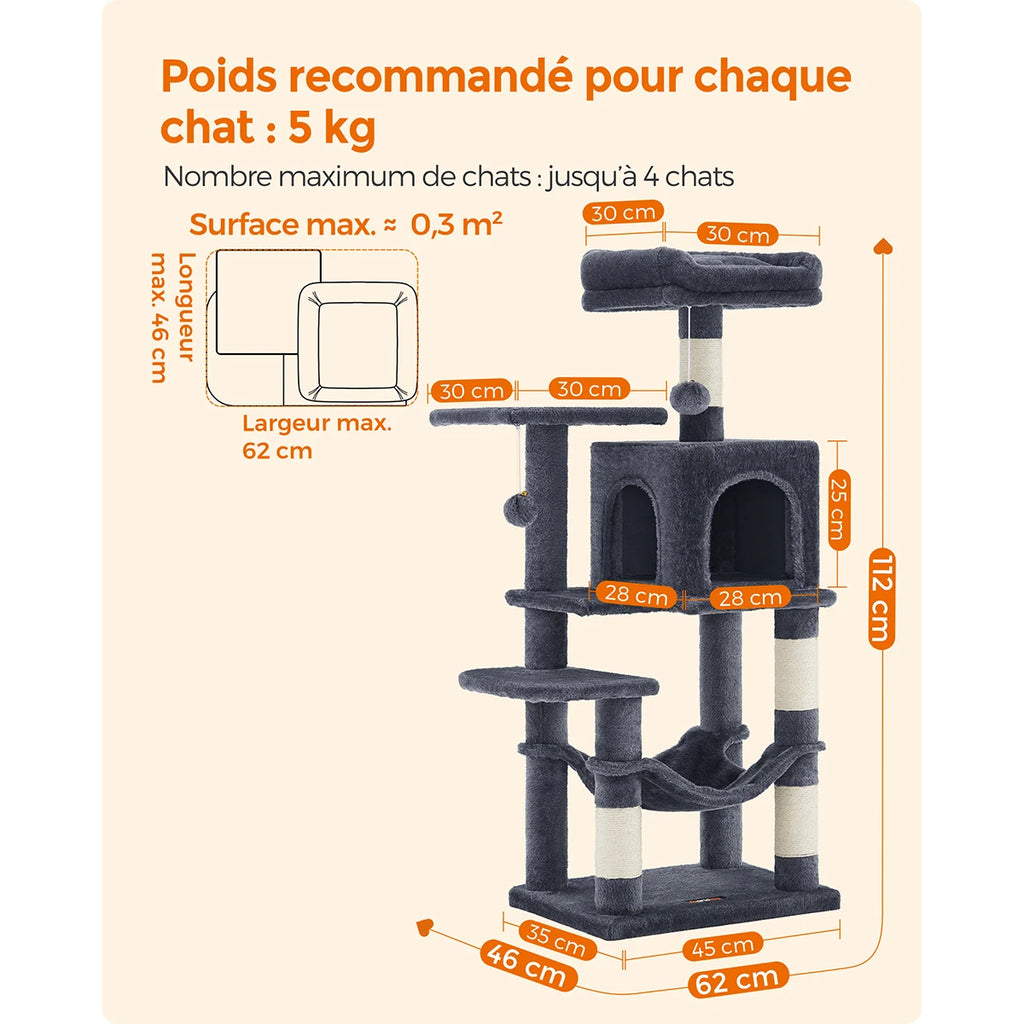Arbre à chat 112cm multi-niveaux avec griffoirs