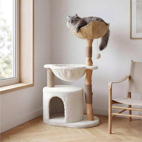 Arbre à chat blanc panier rotin
