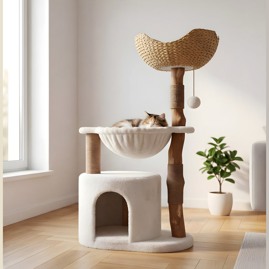 Arbre à chat blanc panier rotin