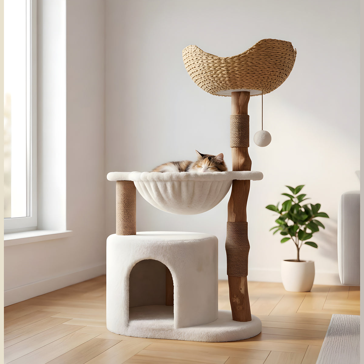 Arbre à chat blanc panier rotin
