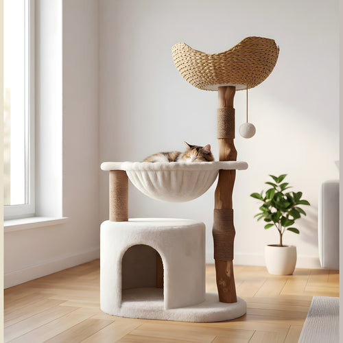 Arbre à chat blanc panier rotin