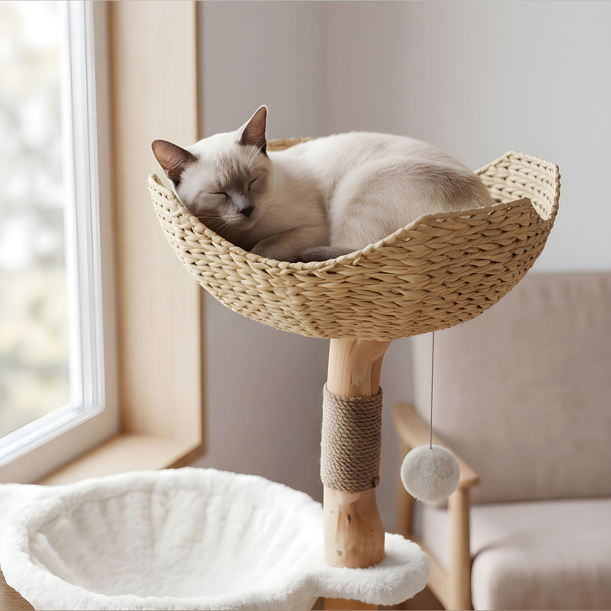 Arbre à chat blanc panier rotin