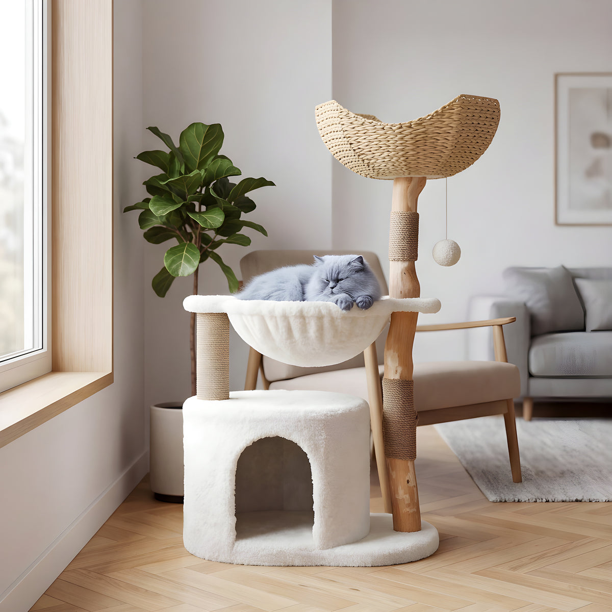 Arbre à chat blanc panier rotin