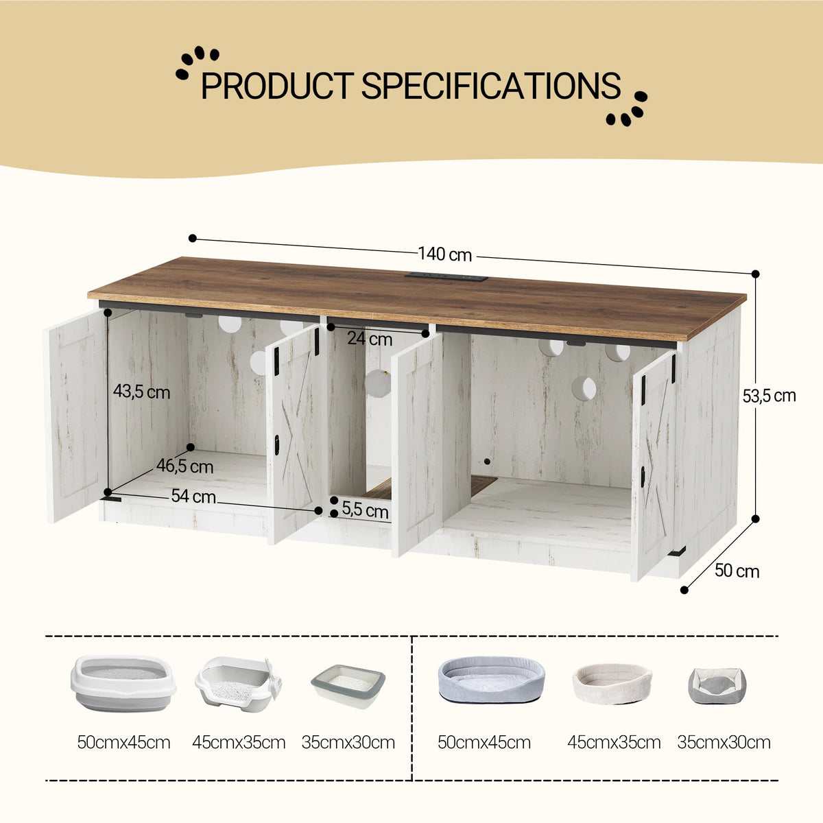 Armoire Pour Chat Avec Ports USB Et Prises, Bac À Litière Caché Pour 2 Chats, Maison Pour Chat D'Intérieur Avec Cloche Pour Chat