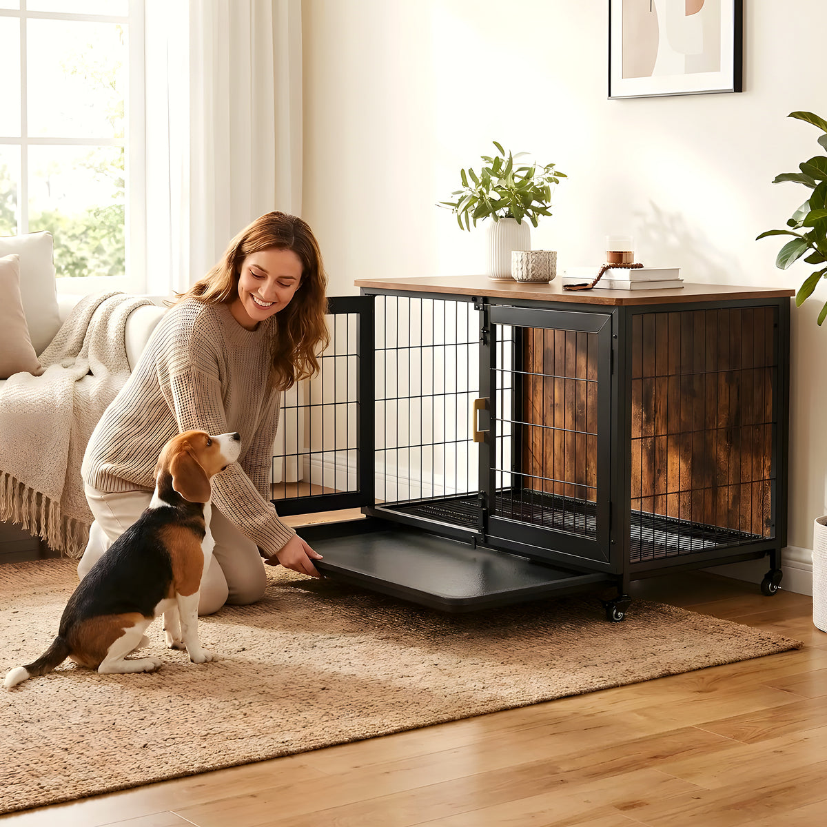 Cage d'intérieur en bois et acier sur roulettes