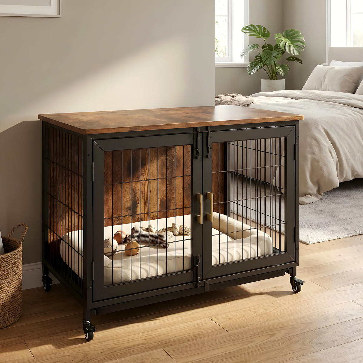 Cage d'intérieur en bois et acier sur roulettes