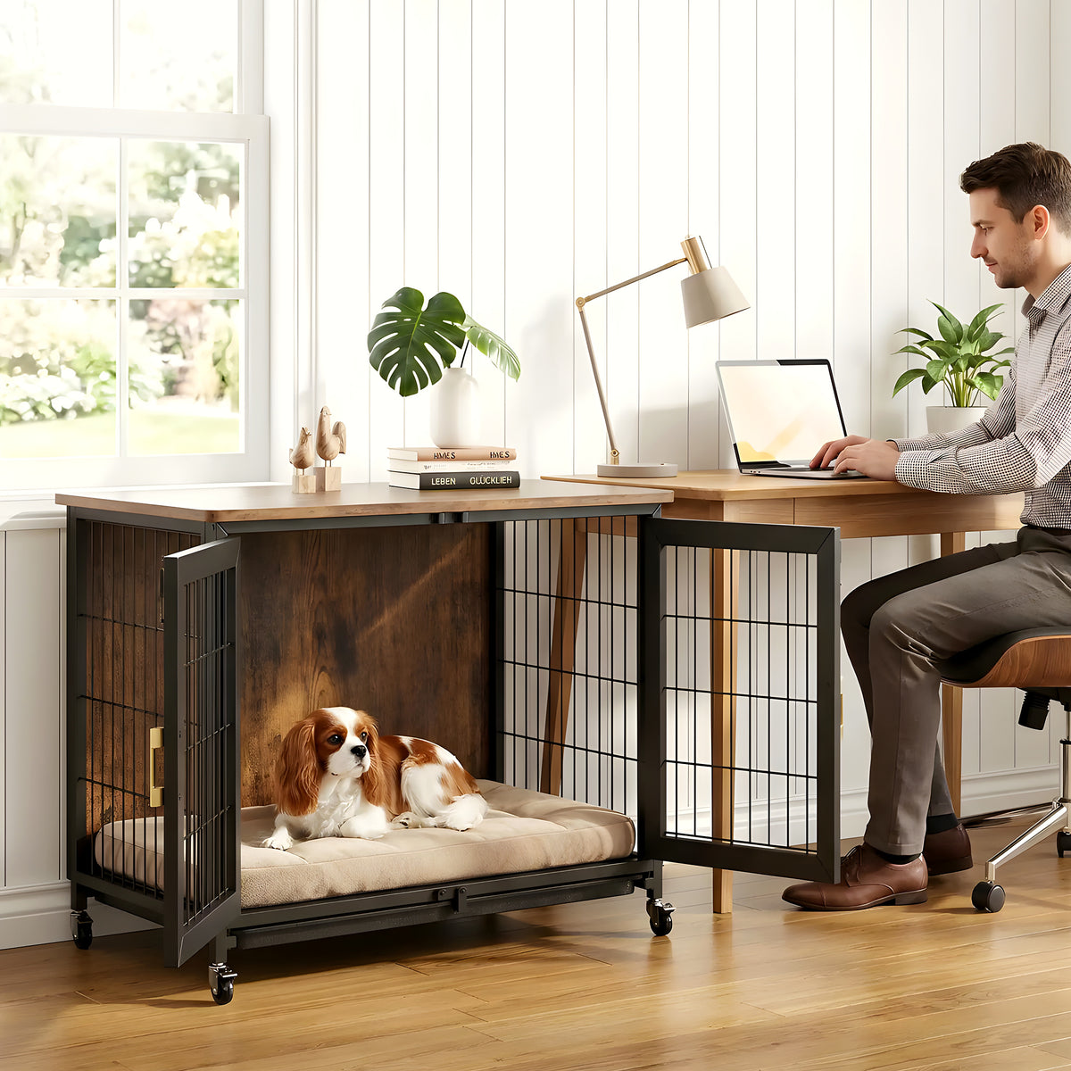 Cage d'intérieur en bois et acier sur roulettes