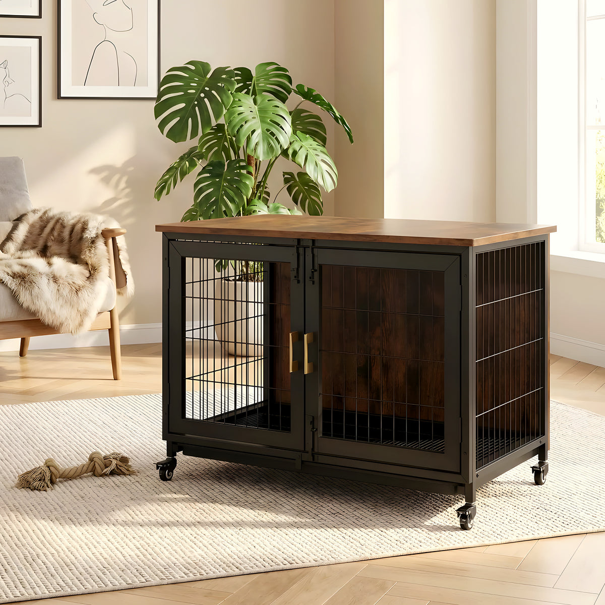 Cage d'intérieur en bois et acier sur roulettes