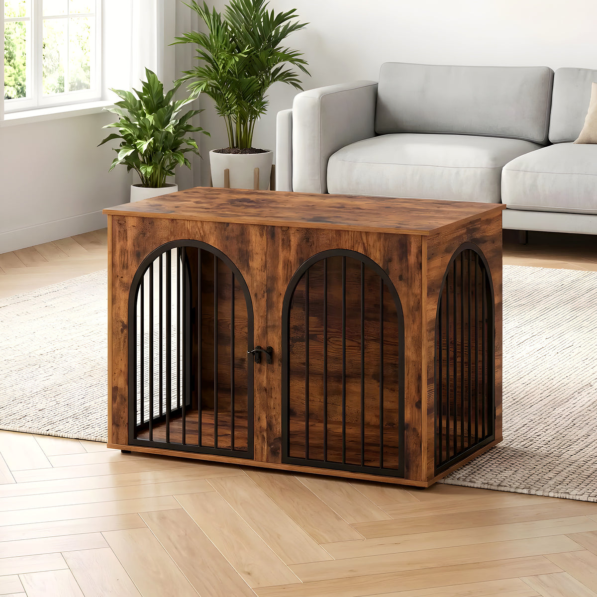 Cage d'intérieur pour chien en bois vintage, 3 portes