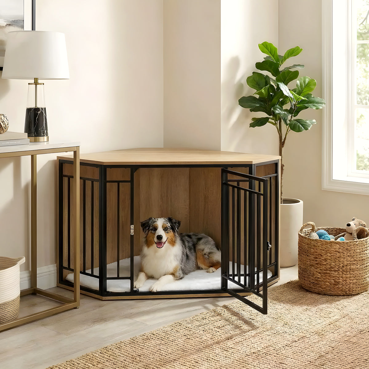 Cage meuble d'angle en chêne clair avec coussin sherpa
