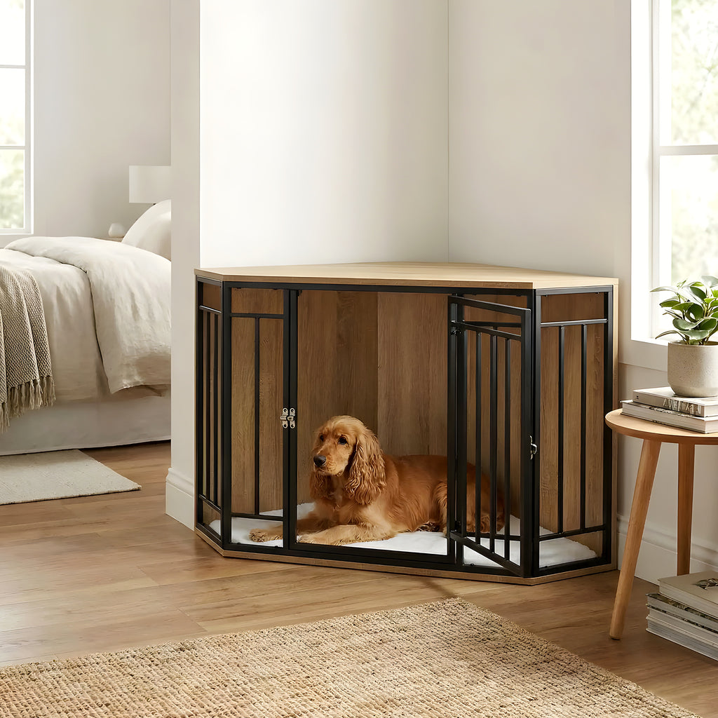 Cage meuble d'angle en chêne clair avec coussin sherpa