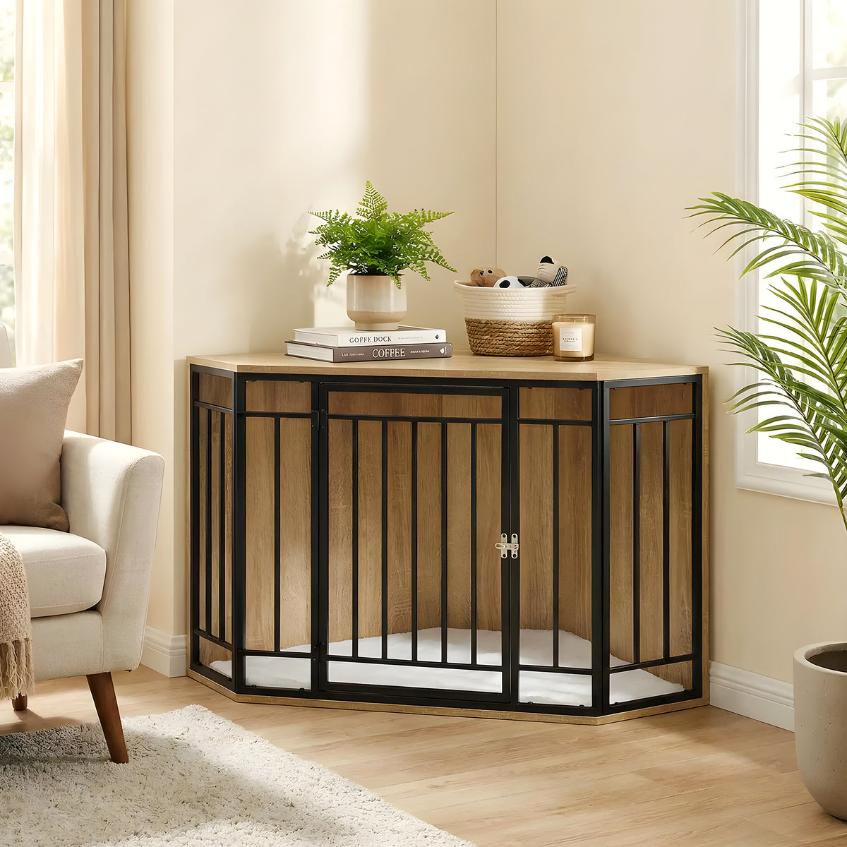 Cage meuble d'angle en chêne clair avec coussin sherpa