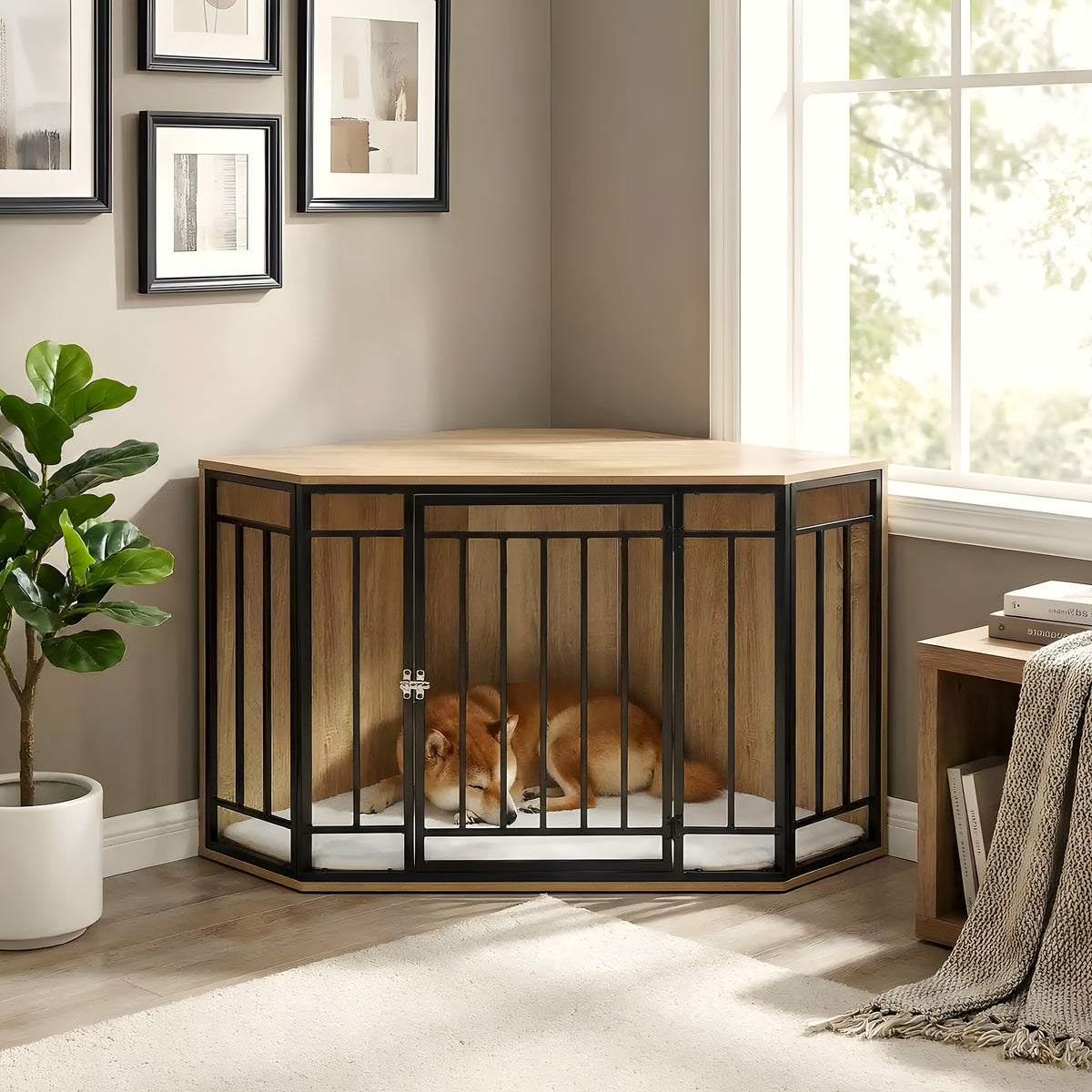 Cage meuble d'angle en chêne clair avec coussin sherpa