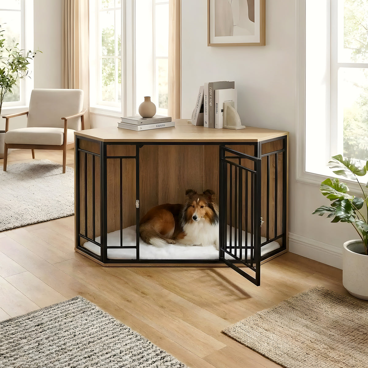 Cage meuble d'angle en chêne clair avec coussin sherpa