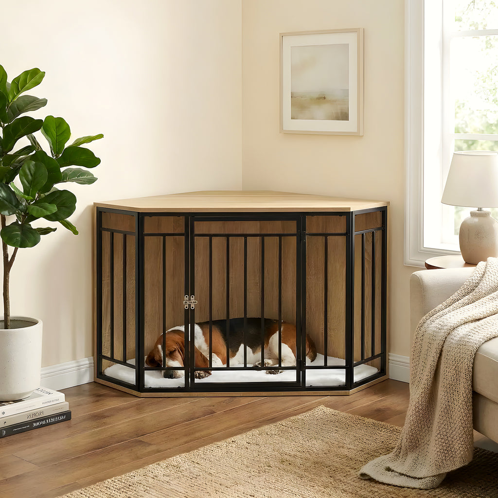 Cage meuble d'angle en chêne clair avec coussin sherpa