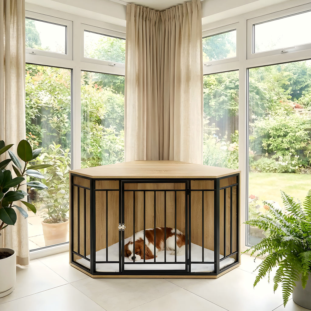 Cage meuble d'angle en chêne clair avec coussin sherpa