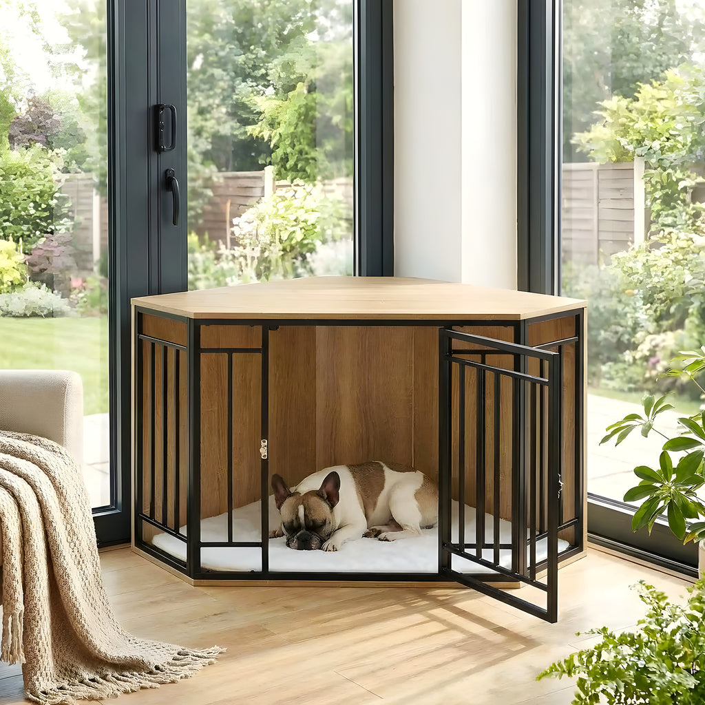 Cage meuble d'angle en chêne clair avec coussin sherpa