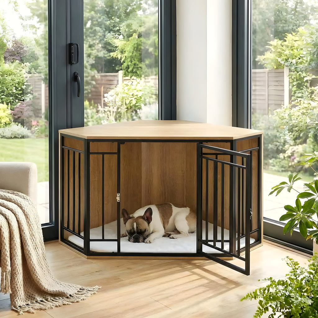 Cage meuble d'angle en chêne clair avec coussin sherpa