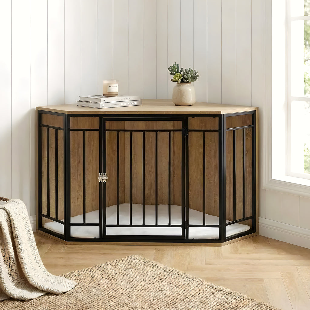 Cage meuble d'angle en chêne clair avec coussin sherpa