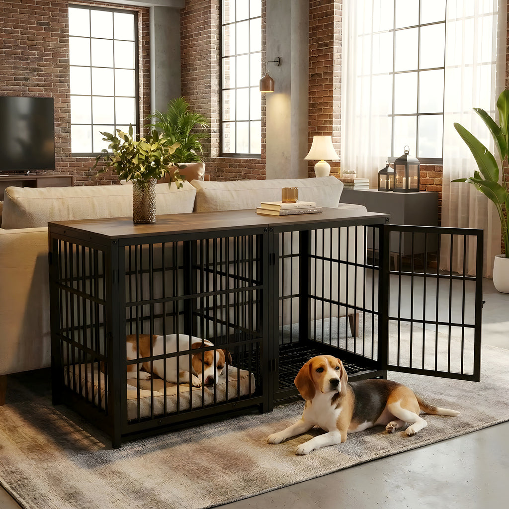 Cage meuble en noyer et acier combinable, 3 tailles