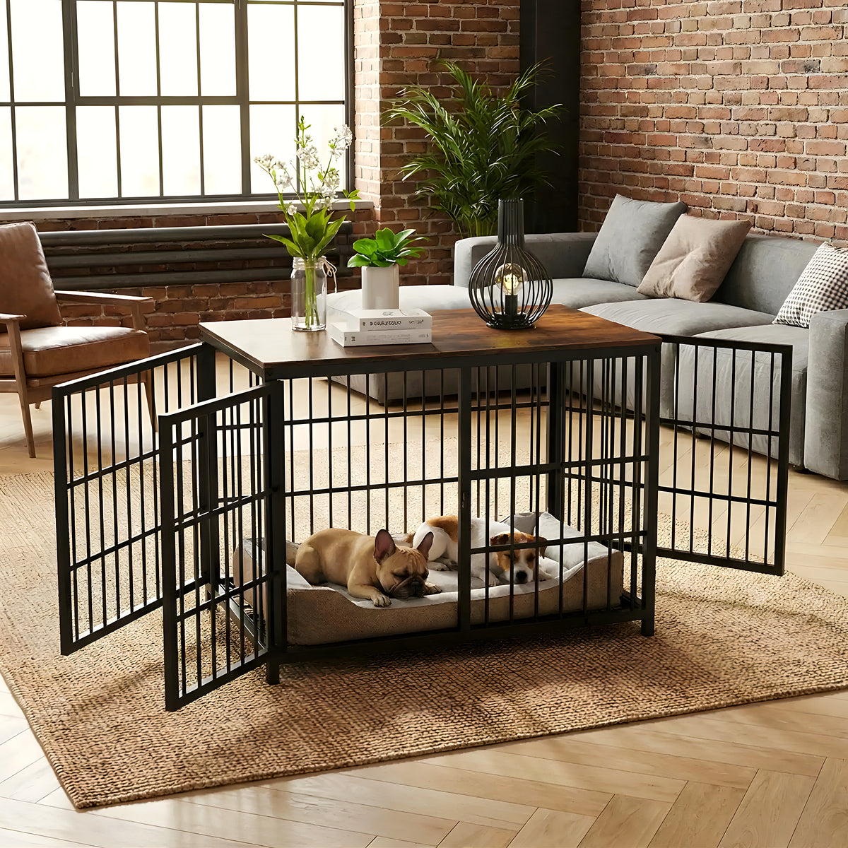 Cage meuble en noyer et acier combinable, 3 tailles