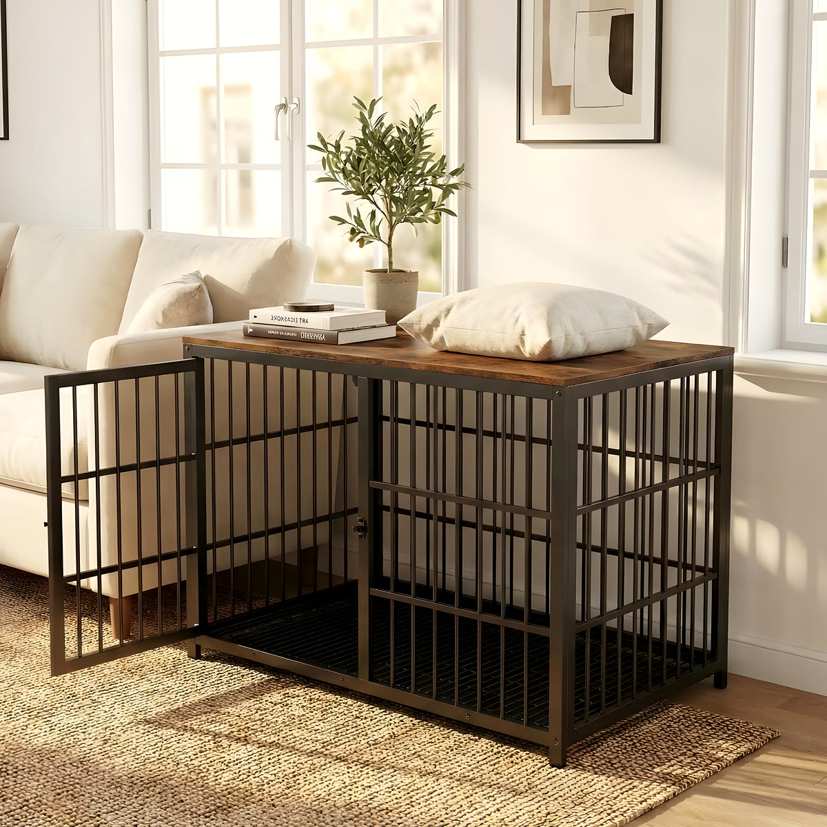 Cage meuble en noyer et acier combinable, 3 tailles