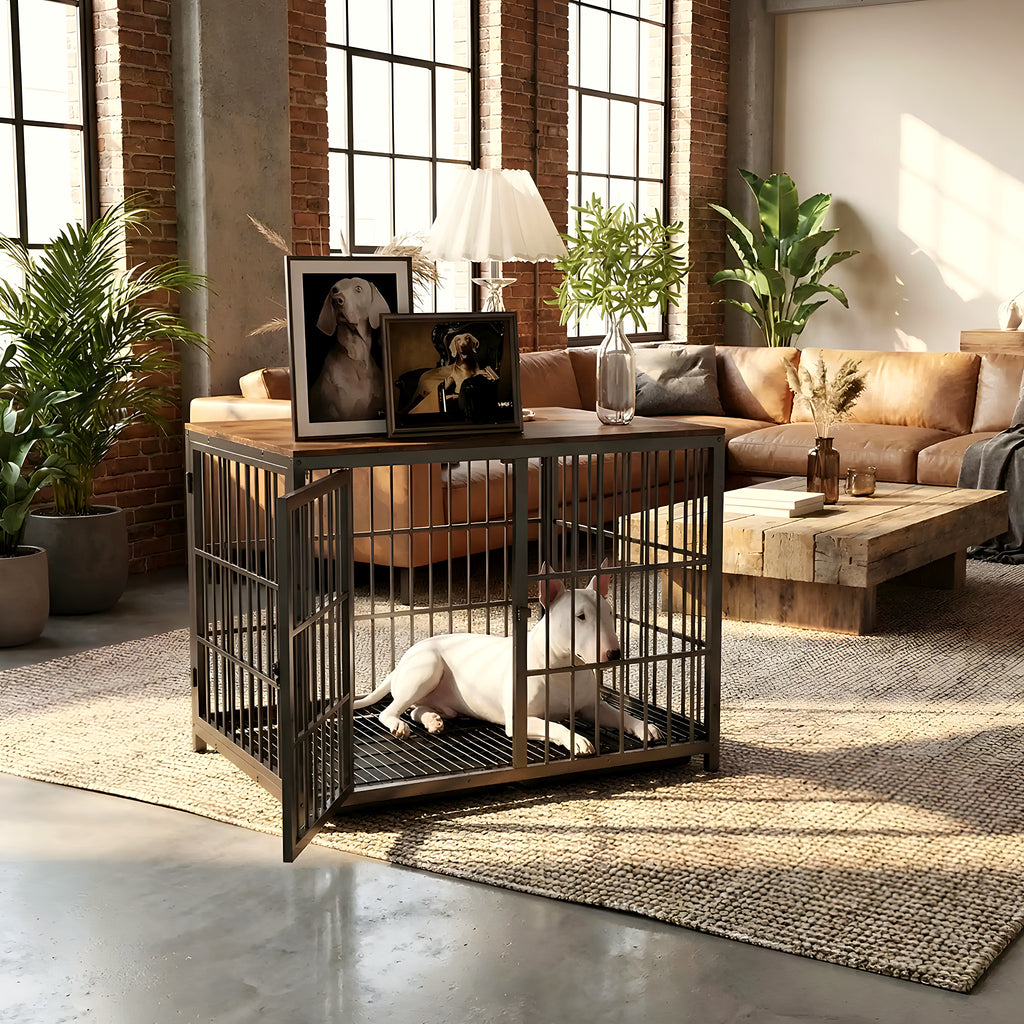 Cage meuble en noyer et acier combinable, 3 tailles