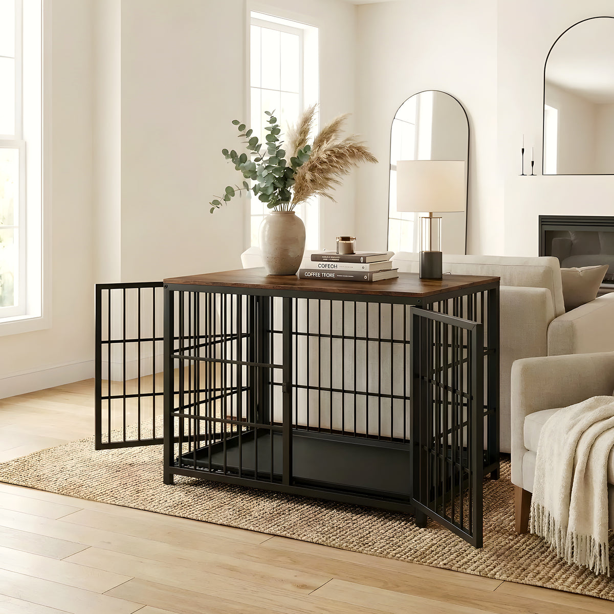 Cage meuble en noyer et acier combinable, 3 tailles
