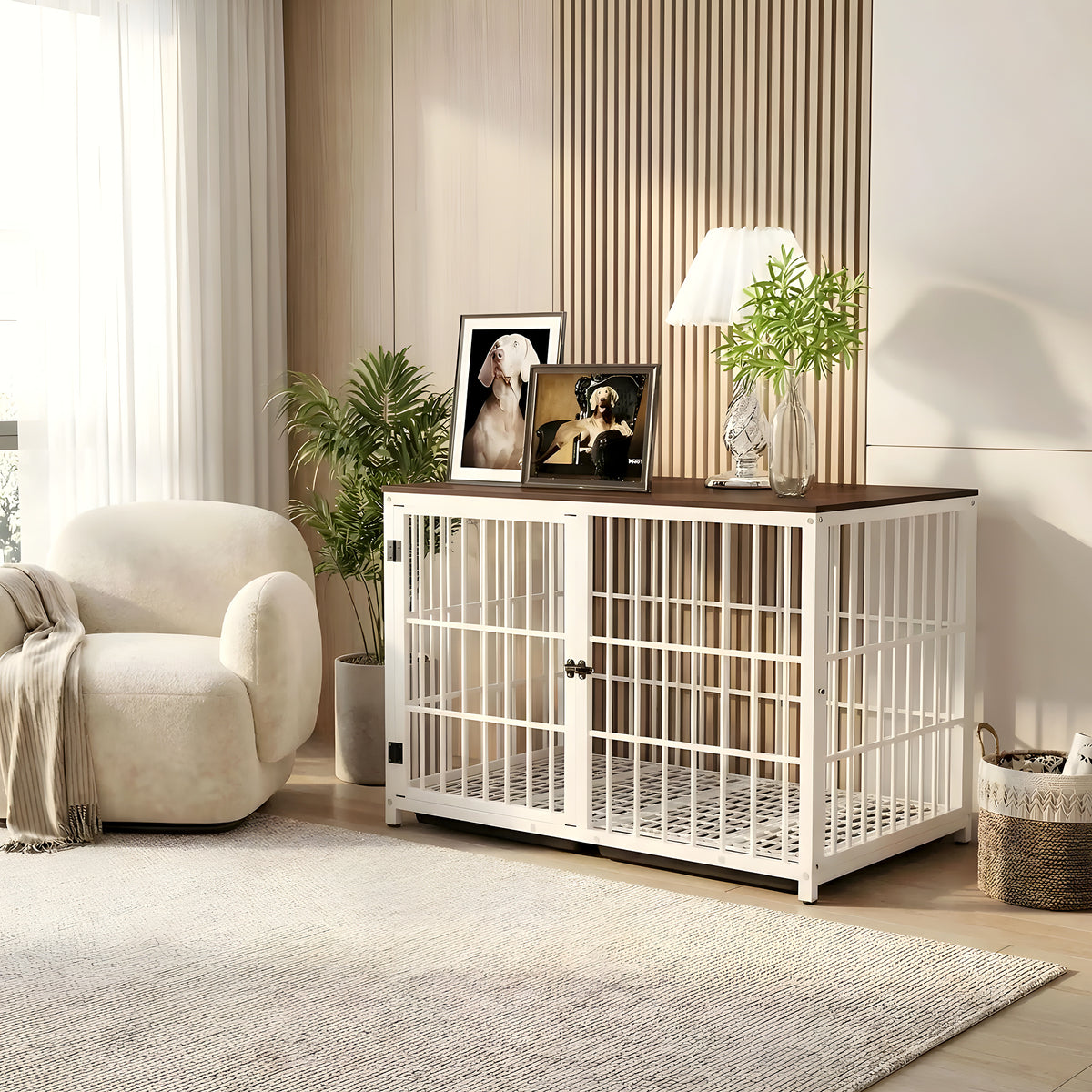 Cage meuble en noyer et acier combinable, 3 tailles