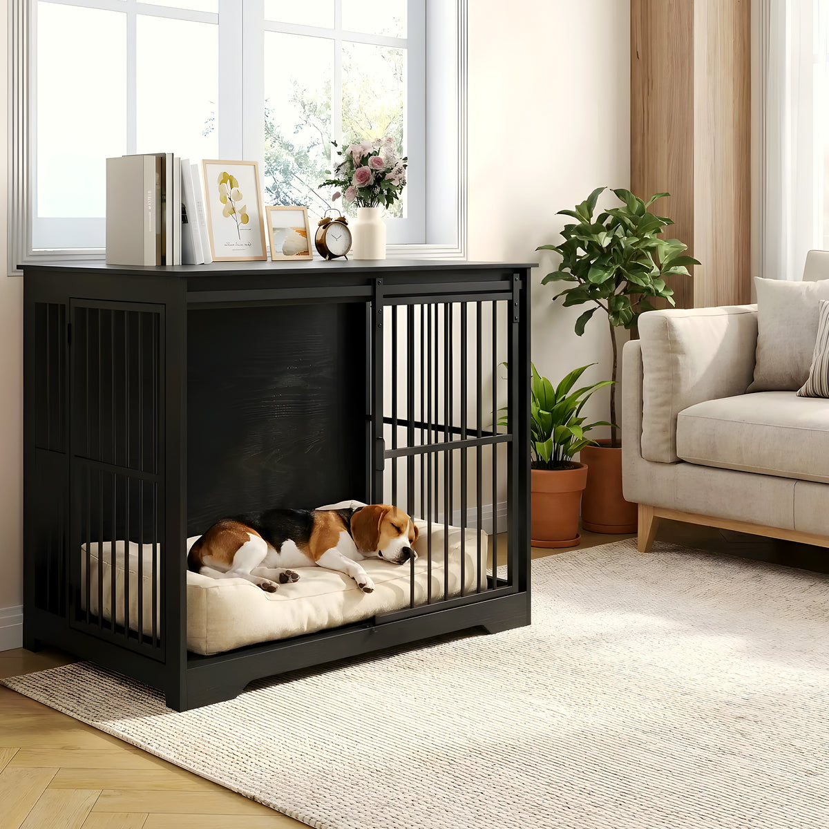 Cage meuble noire en bois massif pour chien
