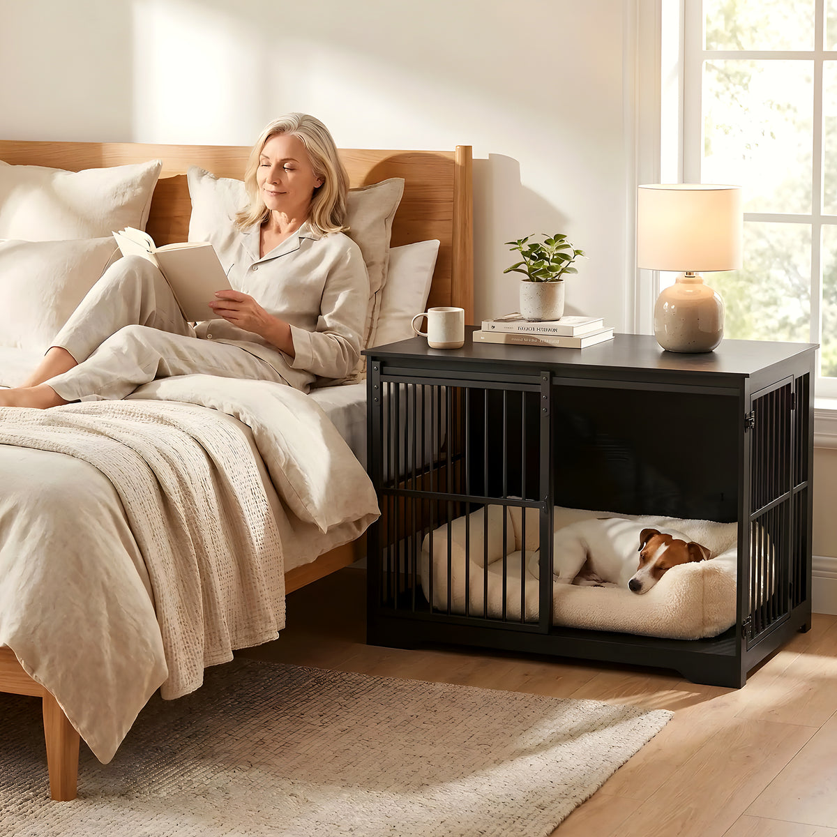 Cage meuble noire en bois massif pour chien