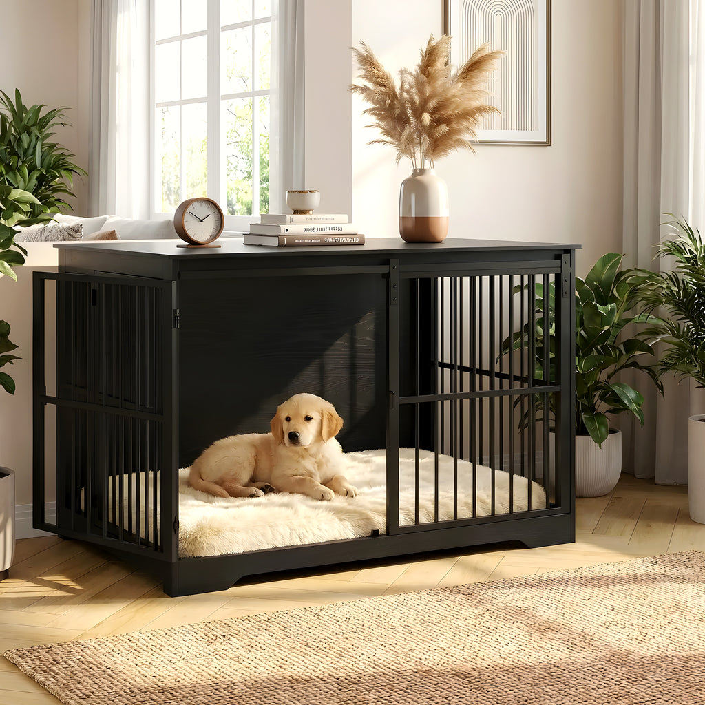 Cage meuble noire en bois massif pour chien