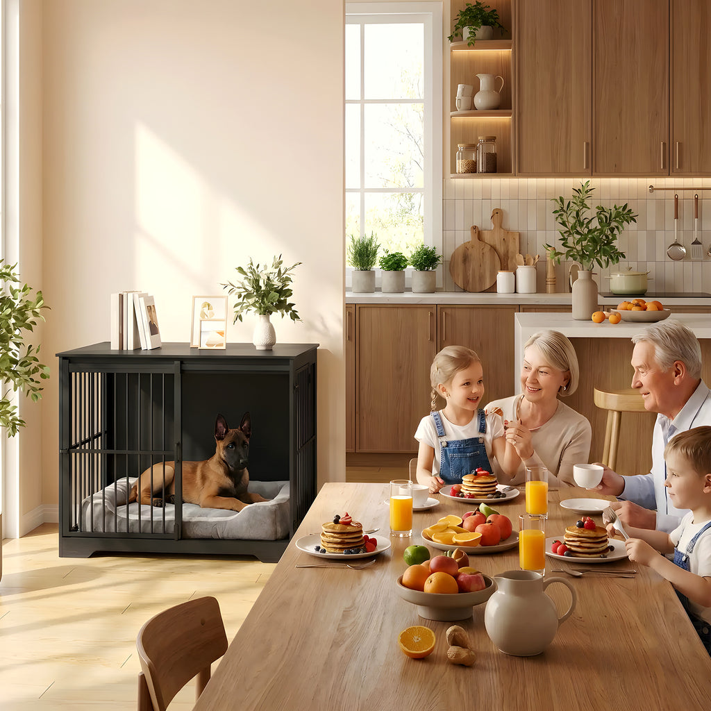 Cage meuble noire en bois massif pour chien