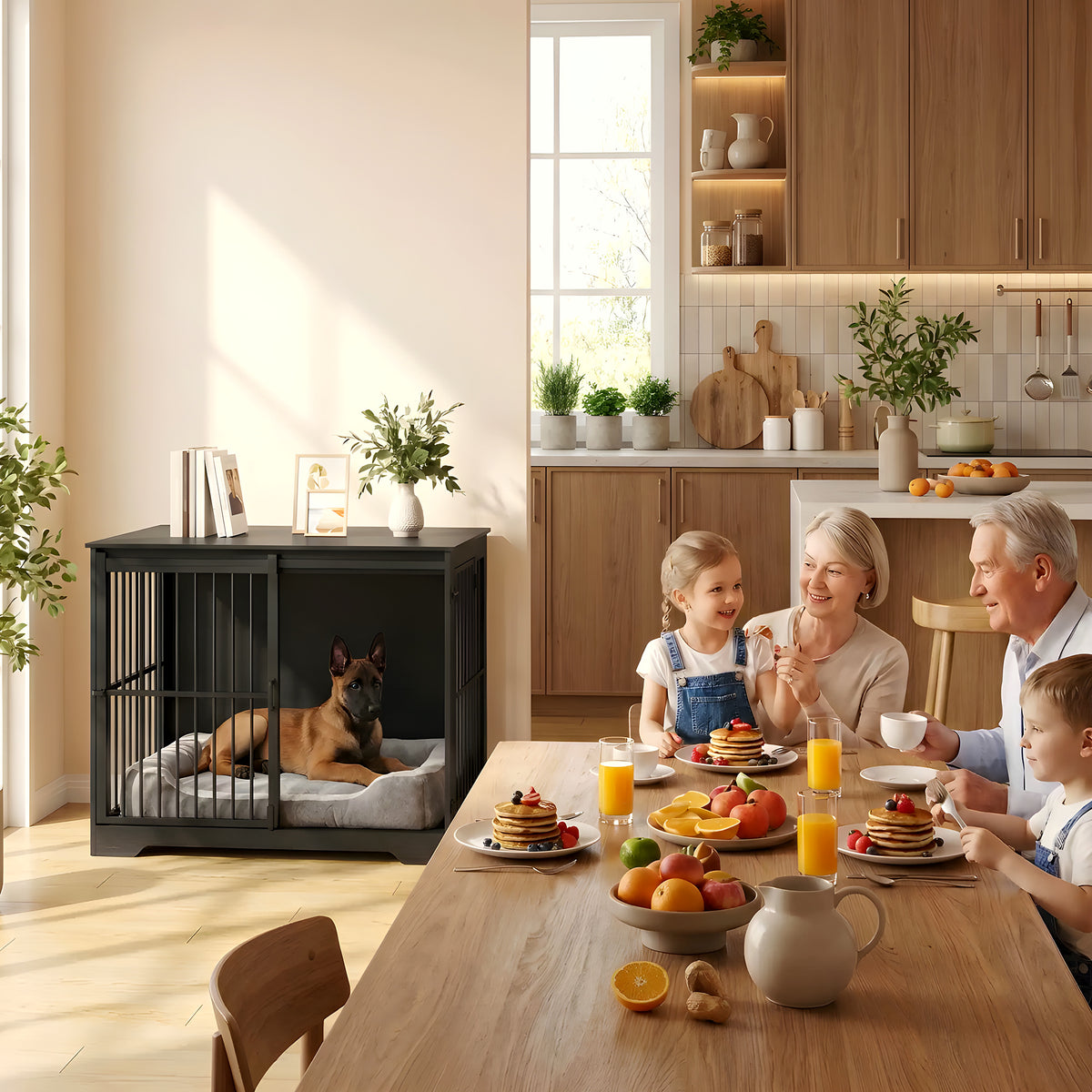 Cage meuble noire en bois massif pour chien
