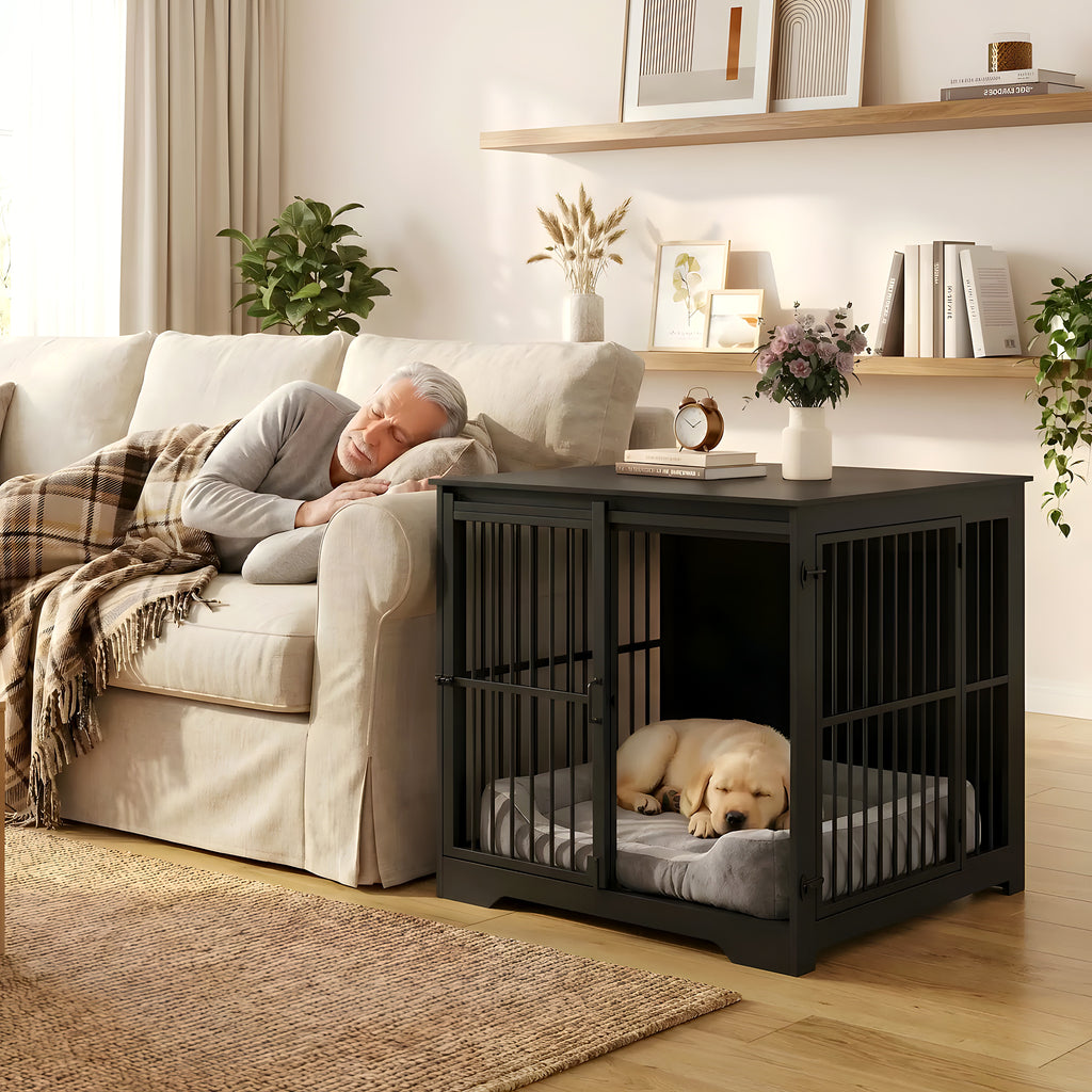 Cage meuble noire en bois massif pour chien