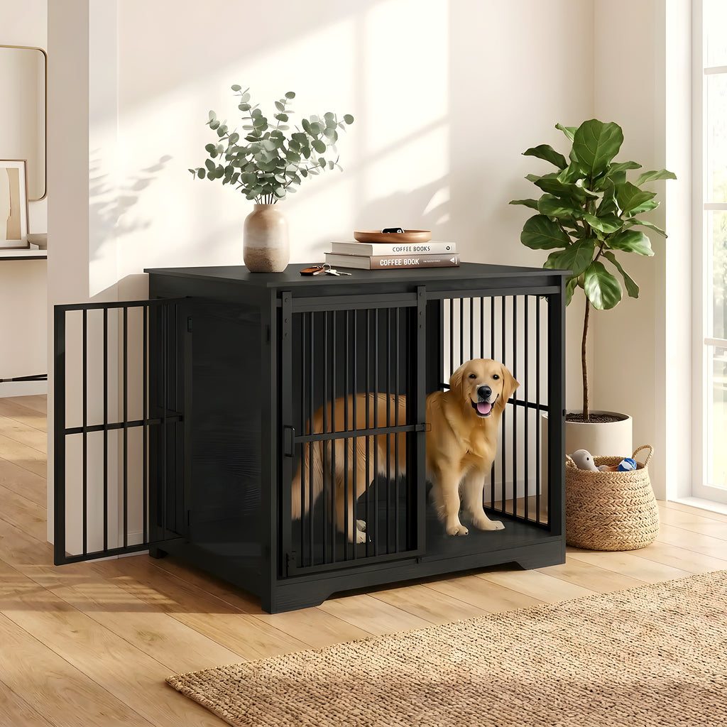 Cage meuble noire en bois massif pour chien