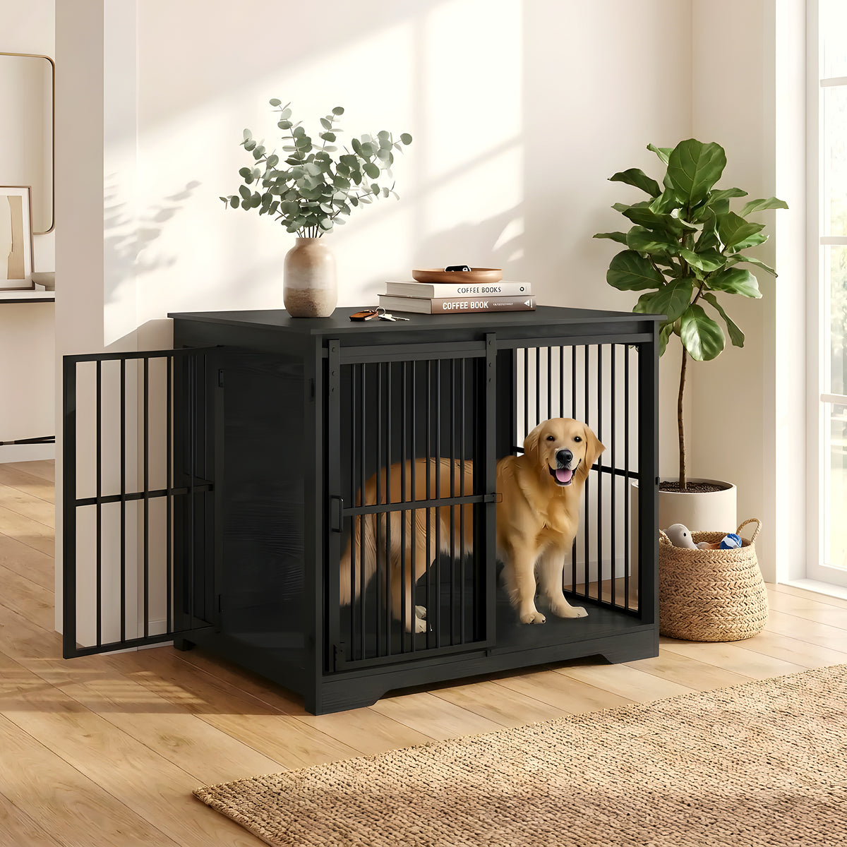 Cage meuble noire en bois massif pour chien